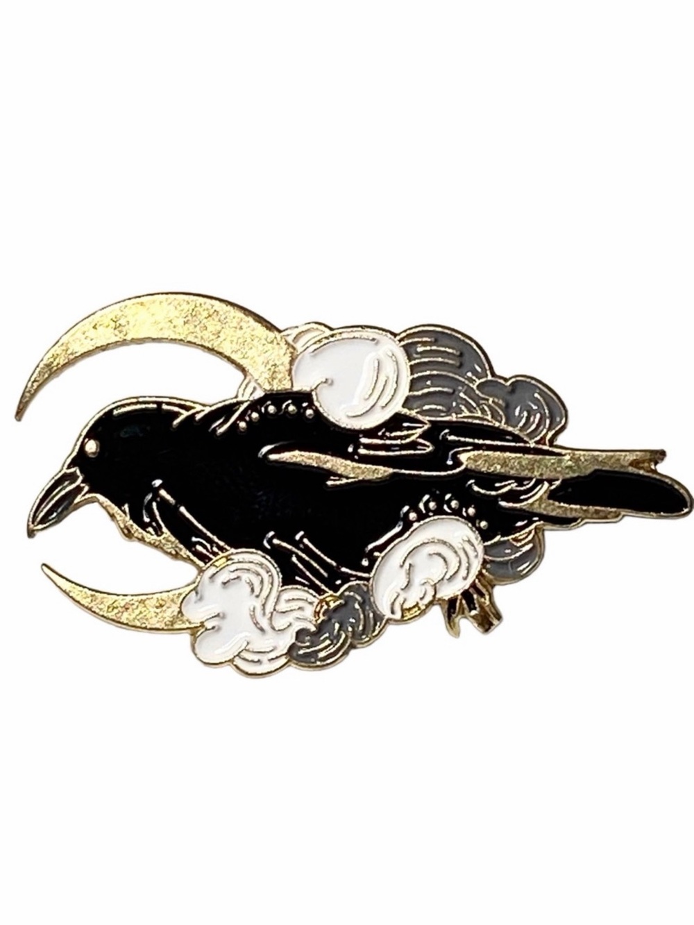 Pin 1.5” Raven Moon Clouds Crow Enamel Brooch Black Gold